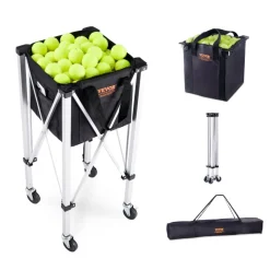 VEVOR Foldable Tennis Ball Hopper, Holds 150 Tennis Balls, Lightweight Aluminum Alloy Tennis Ball Basket Cart with Wheels, Removable Bag, Carry Bag, Portable Sports Teaching Cart for Tennis Player
