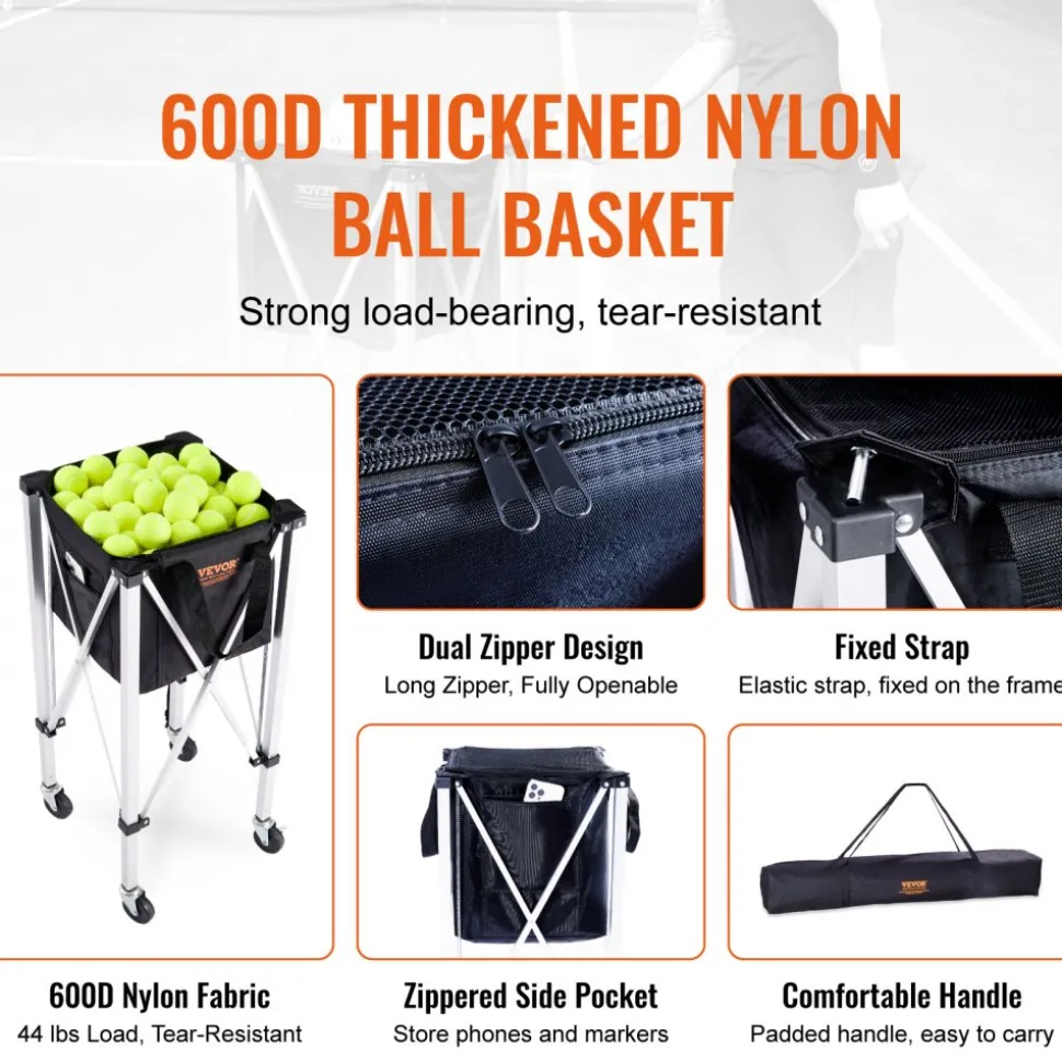 VEVOR Foldable Tennis Ball Hopper, Holds 150 Tennis Balls, Lightweight Aluminum Alloy Tennis Ball Basket Cart with Wheels, Removable Bag, Carry Bag, Portable Sports Teaching Cart for Tennis Player