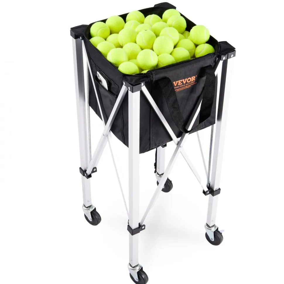 VEVOR Foldable Tennis Ball Hopper, Holds 150 Tennis Balls, Lightweight Aluminum Alloy Tennis Ball Basket Cart with Wheels, Removable Bag, Carry Bag, Portable Sports Teaching Cart for Tennis Player