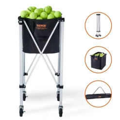 VEVOR Foldable Tennis Ball Hopper, Holds 150 Tennis Balls, Lightweight Aluminum Alloy Tennis Ball Basket Cart with Wheels, Removable Bag, Carry Bag, Portable Sports Teaching Cart for Tennis Player