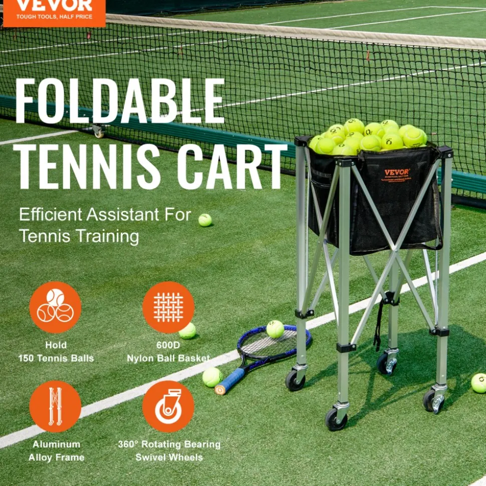 VEVOR Foldable Tennis Ball Hopper, Holds 150 Tennis Balls, Lightweight Aluminum Alloy Tennis Ball Basket Cart with Wheels, Removable Bag, Carry Bag, Portable Sports Teaching Cart for Tennis Player
