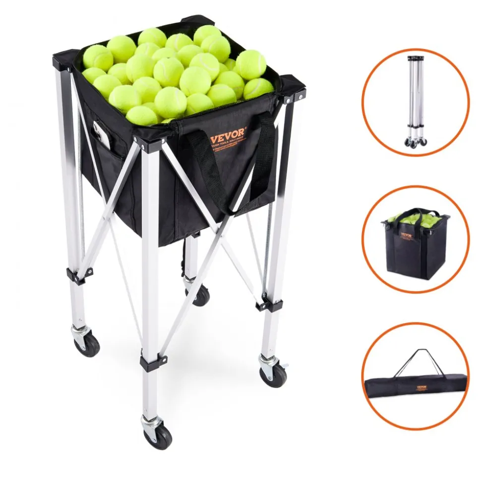 VEVOR Foldable Tennis Ball Hopper, Holds 150 Tennis Balls, Lightweight Aluminum Alloy Tennis Ball Basket Cart with Wheels, Removable Bag, Carry Bag, Portable Sports Teaching Cart for Tennis Player