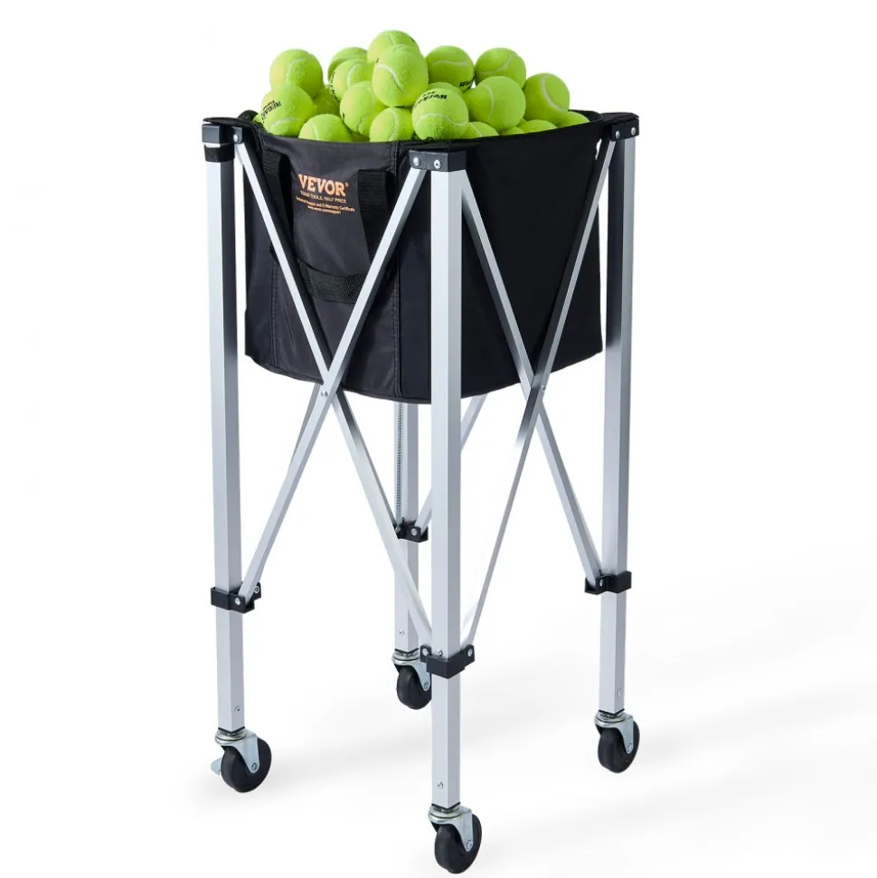 VEVOR Foldable Tennis Ball Hopper, Holds 150 Tennis Balls, Lightweight Aluminum Alloy Tennis Ball Basket Cart with Wheels, Removable Bag, Carry Bag, Portable Sports Teaching Cart for Tennis Player