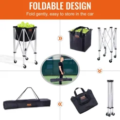 VEVOR Foldable Tennis Ball Hopper, Holds 150 Tennis Balls, Lightweight Aluminum Alloy Tennis Ball Basket Cart with Wheels, Removable Bag, Carry Bag, Portable Sports Teaching Cart for Tennis Player