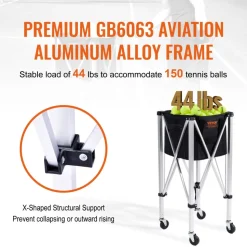 VEVOR Foldable Tennis Ball Hopper, Holds 150 Tennis Balls, Lightweight Aluminum Alloy Tennis Ball Basket Cart with Wheels, Removable Bag, Carry Bag, Portable Sports Teaching Cart for Tennis Player