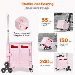 VEVOR Foldable Utility Cart, 65L Collapsible Portable Crate Rolling Cart with Stair Climbing Wheels & 360° Swivel Wheels, Hand Cart with Telescoping Handle for Shopping Office Moving Teacher, Pink