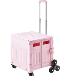 VEVOR Foldable Utility Cart, 65L Collapsible Portable Crate Rolling Cart with Stair Climbing Wheels & 360° Swivel Wheels, Hand Cart with Telescoping Handle for Shopping Office Moving Teacher, Pink