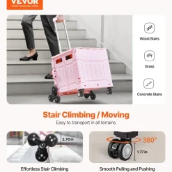 VEVOR Foldable Utility Cart, 65L Collapsible Portable Crate Rolling Cart with Stair Climbing Wheels & 360° Swivel Wheels, Hand Cart with Telescoping Handle for Shopping Office Moving Teacher, Pink
