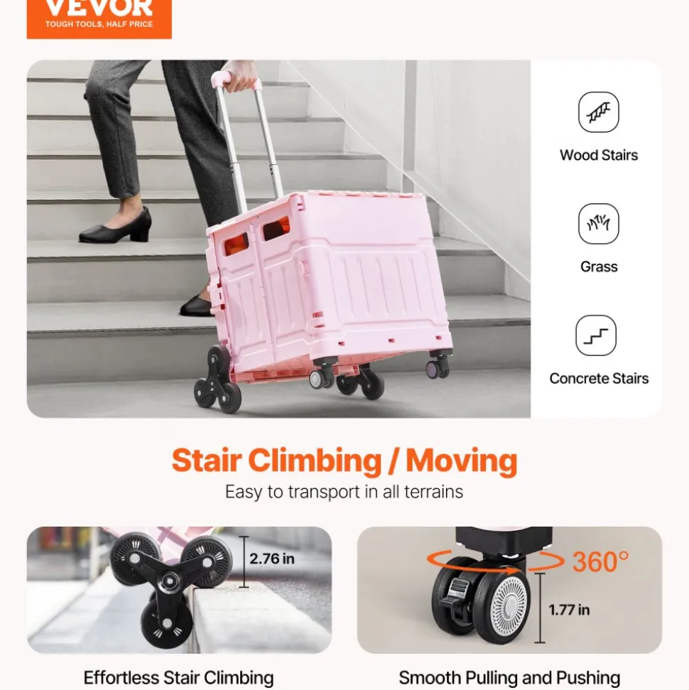 VEVOR Foldable Utility Cart, 65L Collapsible Portable Crate Rolling Cart with Stair Climbing Wheels & 360° Swivel Wheels, Hand Cart with Telescoping Handle for Shopping Office Moving Teacher, Pink