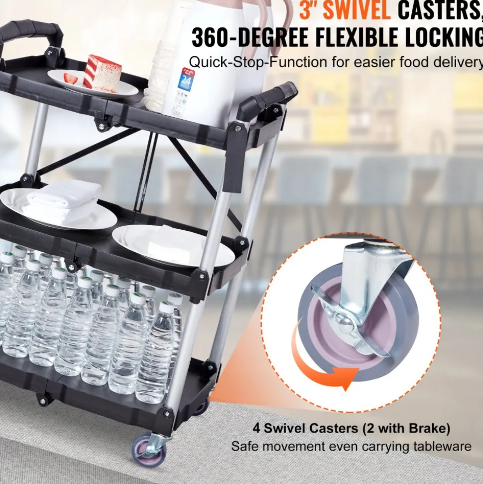 VEVOR Foldable Utility Service Cart, 3 Shelf 165LBS Heavy Duty Plastic Rolling Cart with Lockable Wheels, Ergonomic Handle, Portable Garage Tool Cart for Warehouse/Office/Home(25.62"x15.43"x32.76")
