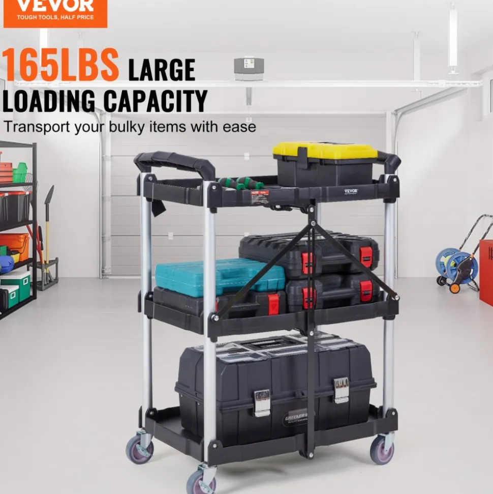 VEVOR Foldable Utility Service Cart, 3 Shelf 165LBS Heavy Duty Plastic Rolling Cart with Lockable Wheels, Ergonomic Handle, Portable Garage Tool Cart for Warehouse/Office/Home(25.62"x15.43"x32.76")