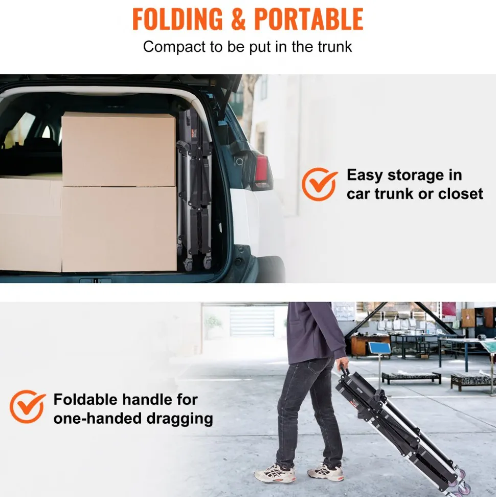 VEVOR Foldable Utility Service Cart, 3 Shelf 165LBS Heavy Duty Plastic Rolling Cart with Lockable Wheels, Ergonomic Handle, Portable Garage Tool Cart for Warehouse/Office/Home(25.62"x15.43"x32.76")
