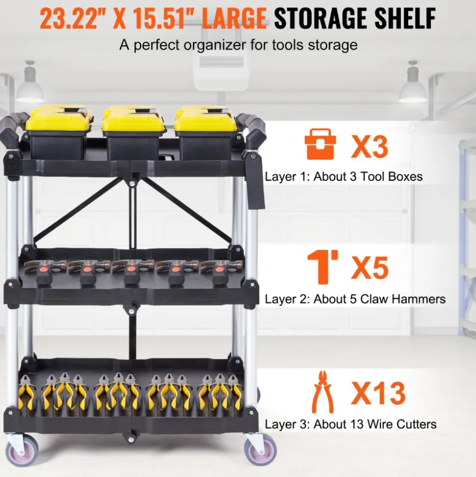 VEVOR Foldable Utility Service Cart, 3 Shelf 165LBS Heavy Duty Plastic Rolling Cart with Lockable Wheels, Ergonomic Handle, Portable Garage Tool Cart for Warehouse/Office/Home(25.62"x15.43"x32.76")