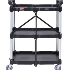 VEVOR Foldable Utility Service Cart, 3 Shelf 165LBS Heavy Duty Plastic Rolling Cart with Lockable Wheels, Ergonomic Handle, Portable Garage Tool Cart for Warehouse/Office/Home(25.62