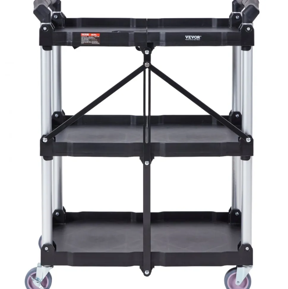 VEVOR Foldable Utility Service Cart, 3 Shelf 165LBS Heavy Duty Plastic Rolling Cart with Lockable Wheels, Ergonomic Handle, Portable Garage Tool Cart for Warehouse/Office/Home(25.62"x15.43"x32.76")