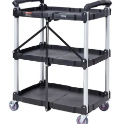 VEVOR Foldable Utility Service Cart, 3 Shelf 165LBS Heavy Duty Plastic Rolling Cart with Lockable Wheels, Ergonomic Handle, Portable Garage Tool Cart for Warehouse/Office/Home(25.62