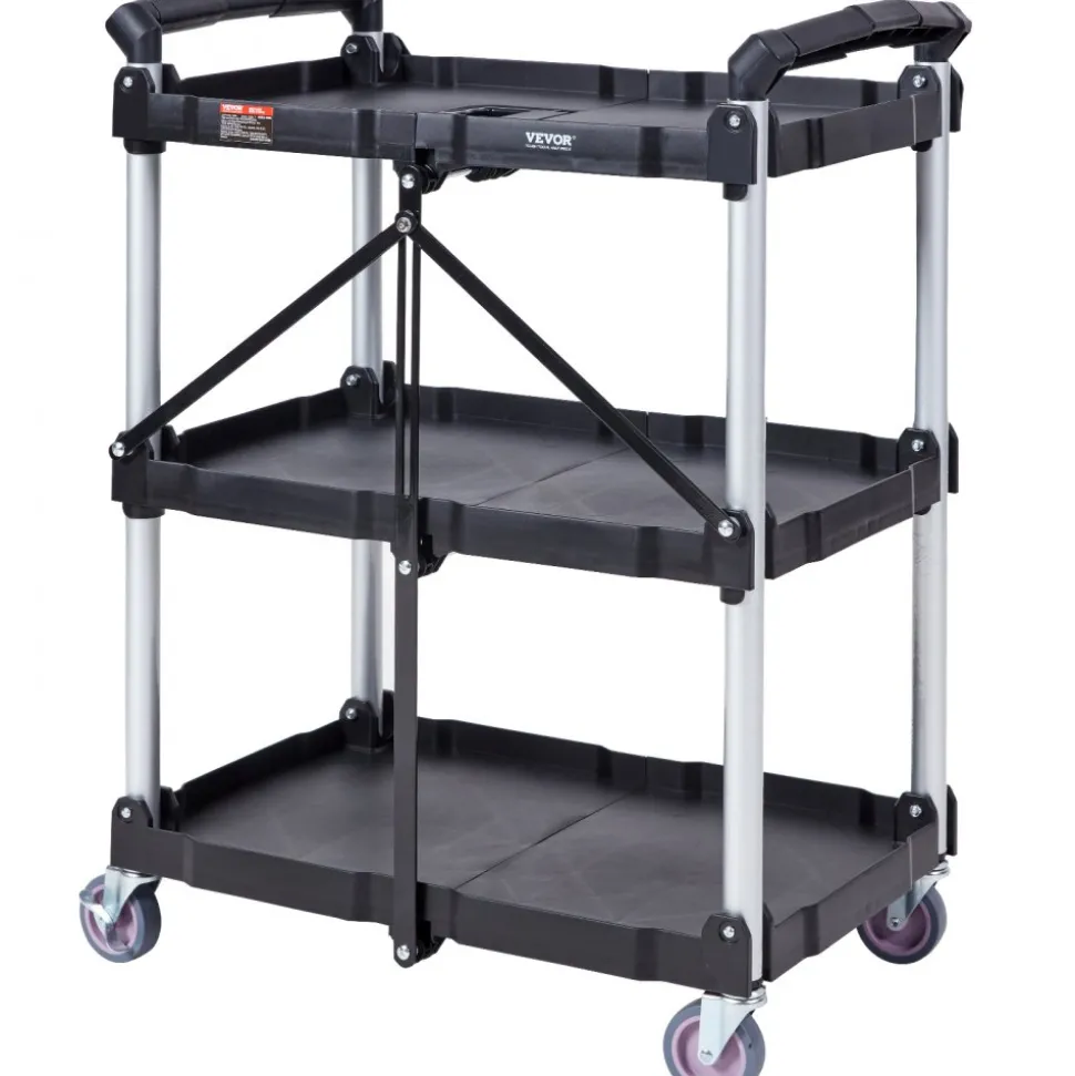 VEVOR Foldable Utility Service Cart, 3 Shelf 165LBS Heavy Duty Plastic Rolling Cart with Lockable Wheels, Ergonomic Handle, Portable Garage Tool Cart for Warehouse/Office/Home(25.62"x15.43"x32.76")