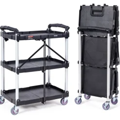 VEVOR Foldable Utility Service Cart, 3 Shelf 165LBS Heavy Duty Plastic Rolling Cart with Lockable Wheels, Ergonomic Handle, Portable Garage Tool Cart for Warehouse/Office/Home(25.62