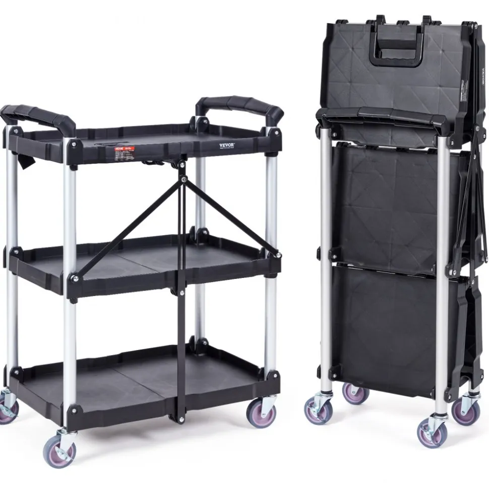 VEVOR Foldable Utility Service Cart, 3 Shelf 165LBS Heavy Duty Plastic Rolling Cart with Lockable Wheels, Ergonomic Handle, Portable Garage Tool Cart for Warehouse/Office/Home(25.62"x15.43"x32.76")