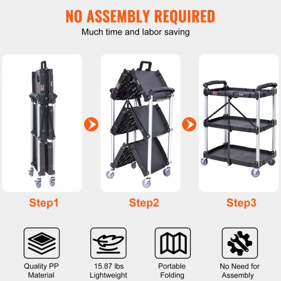 VEVOR Foldable Utility Service Cart, 3 Shelf 165LBS Heavy Duty Plastic Rolling Cart with Lockable Wheels, Ergonomic Handle, Portable Garage Tool Cart for Warehouse/Office/Home(25.62"x15.43"x32.76")