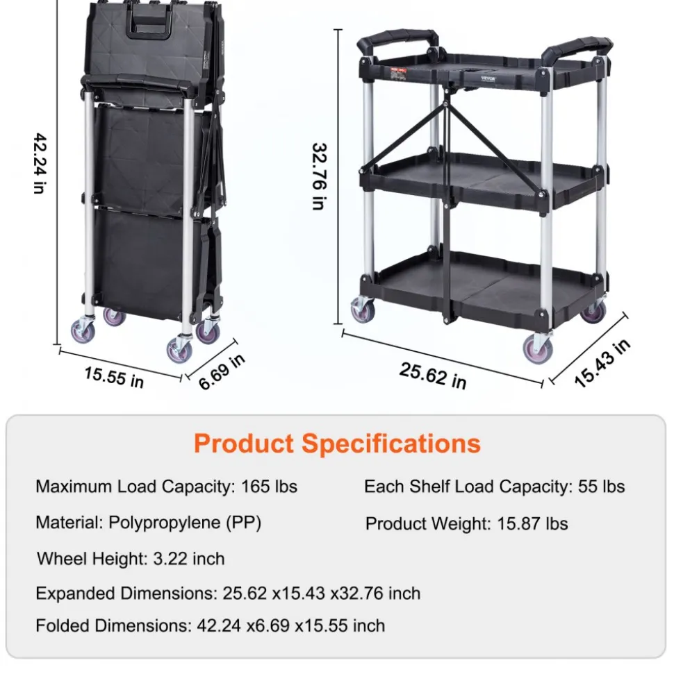VEVOR Foldable Utility Service Cart, 3 Shelf 165LBS Heavy Duty Plastic Rolling Cart with Lockable Wheels, Ergonomic Handle, Portable Garage Tool Cart for Warehouse/Office/Home(25.62"x15.43"x32.76")