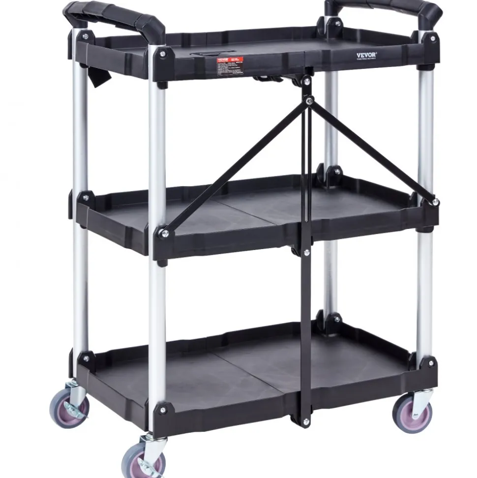 VEVOR Foldable Utility Service Cart, 3 Shelf 165LBS Heavy Duty Plastic Rolling Cart with Lockable Wheels, Ergonomic Handle, Portable Garage Tool Cart for Warehouse/Office/Home(25.62"x15.43"x32.76")