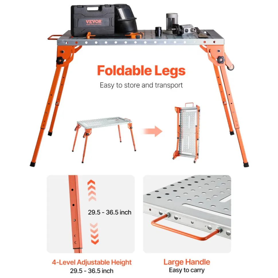 VEVOR Foldable Welding Table 44" x 21", 500LBS Capacity Welding Workbench with 4-Level Adjustable Height, Carbon Steel Work Bench with 6 Tool Slots & 0.63" Fixture Holes for Welding Assembly Repair
