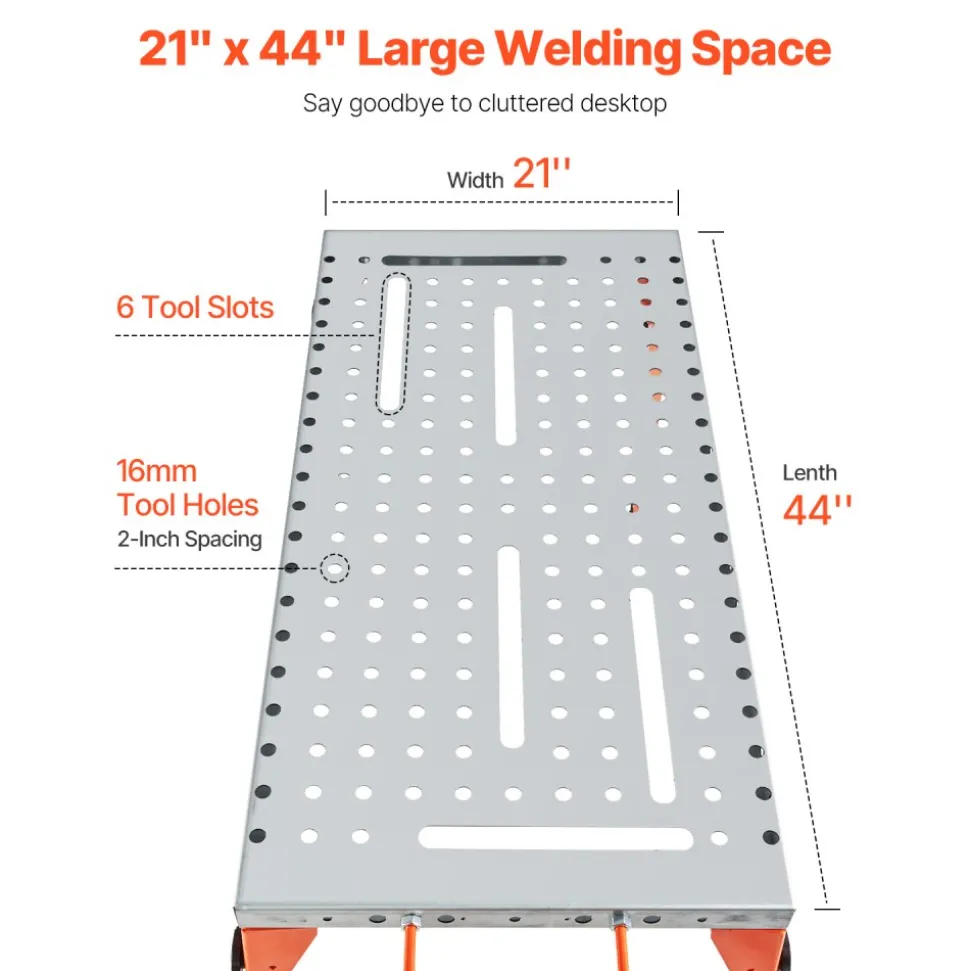 VEVOR Foldable Welding Table 44" x 21", 500LBS Capacity Welding Workbench with 4-Level Adjustable Height, Carbon Steel Work Bench with 6 Tool Slots & 0.63" Fixture Holes for Welding Assembly Repair