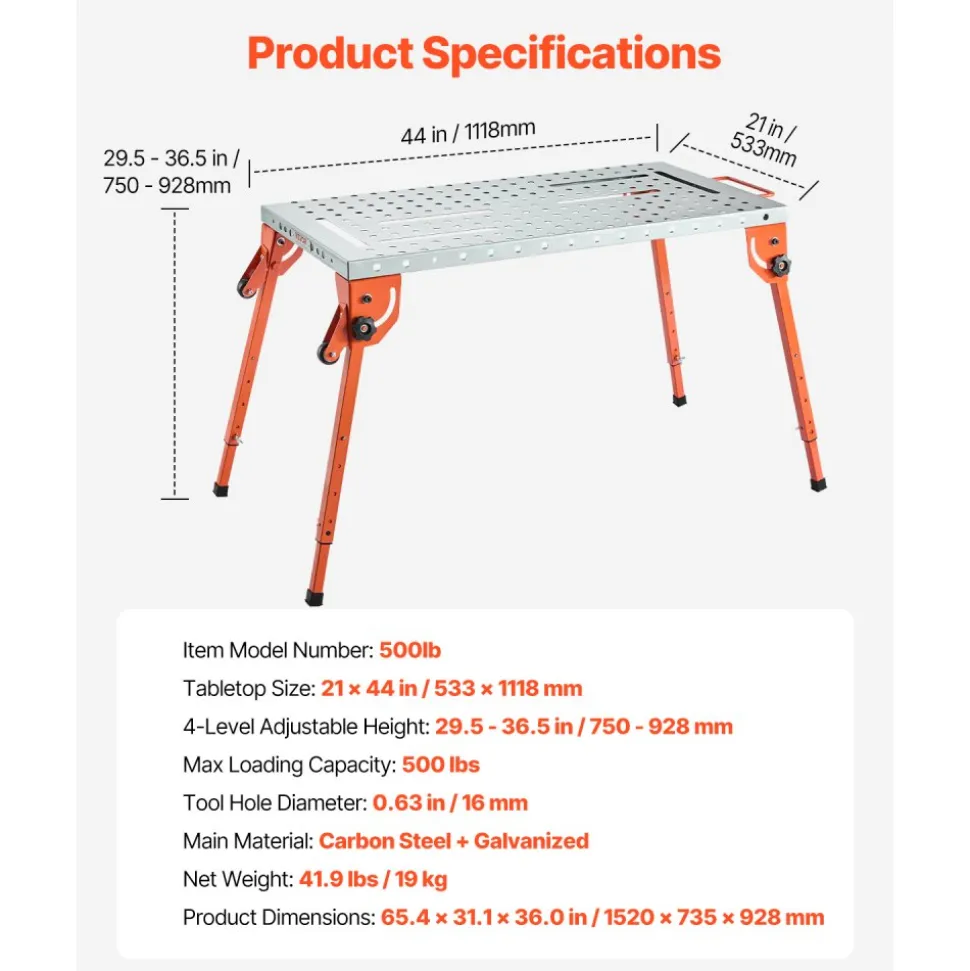VEVOR Foldable Welding Table 44" x 21", 500LBS Capacity Welding Workbench with 4-Level Adjustable Height, Carbon Steel Work Bench with 6 Tool Slots & 0.63" Fixture Holes for Welding Assembly Repair