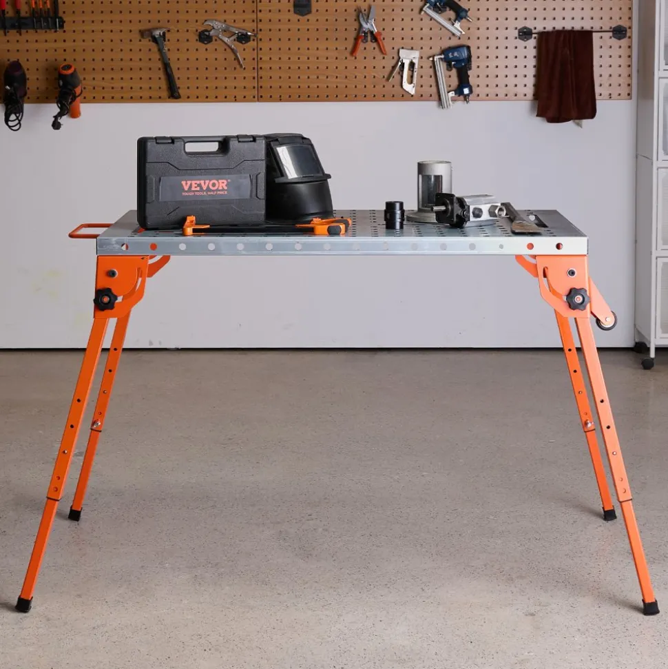 VEVOR Foldable Welding Table 44" x 21", 500LBS Capacity Welding Workbench with 4-Level Adjustable Height, Carbon Steel Work Bench with 6 Tool Slots & 0.63" Fixture Holes for Welding Assembly Repair