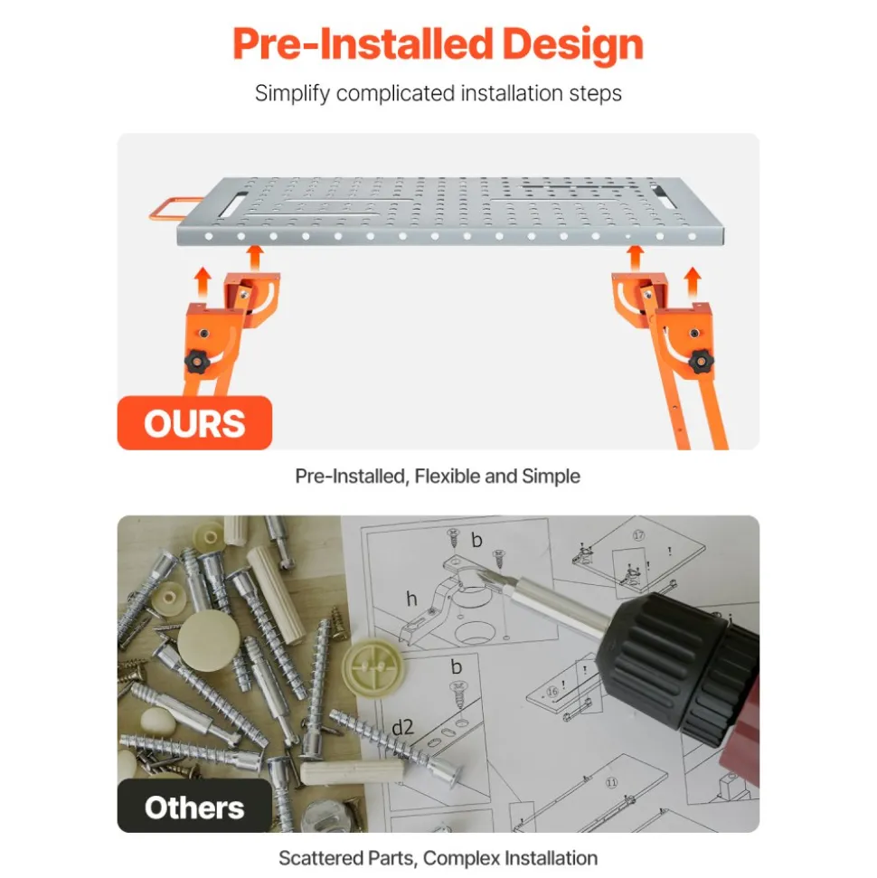 VEVOR Foldable Welding Table 44" x 21", 500LBS Capacity Welding Workbench with 4-Level Adjustable Height, Carbon Steel Work Bench with 6 Tool Slots & 0.63" Fixture Holes for Welding Assembly Repair