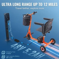 VEVOR Foldable 3 Wheel Mobility Scooter for Seniors, Portable Electric Powered Mobility Scooter with 12 Mile Long Range, All Terrain Travel Wheelchair with 48V Lithium-ion Battery, Max Support 330LBS