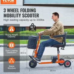 VEVOR Foldable 3 Wheel Mobility Scooter for Seniors, Portable Electric Powered Mobility Scooter with 12 Mile Long Range, All Terrain Travel Wheelchair with 48V Lithium-ion Battery, Max Support 330LBS