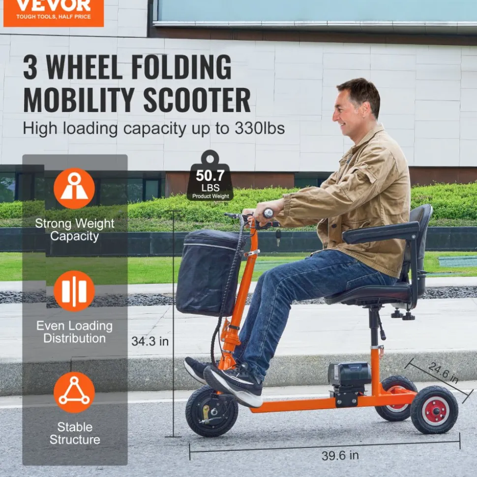 VEVOR Foldable 3 Wheel Mobility Scooter for Seniors, Portable Electric Powered Mobility Scooter with 12 Mile Long Range, All Terrain Travel Wheelchair with 48V Lithium-ion Battery, Max Support 330LBS
