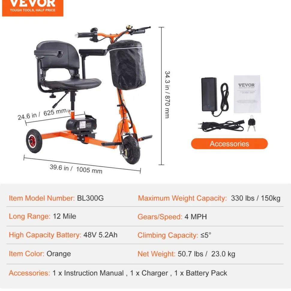 VEVOR Foldable 3 Wheel Mobility Scooter for Seniors, Portable Electric Powered Mobility Scooter with 12 Mile Long Range, All Terrain Travel Wheelchair with 48V Lithium-ion Battery, Max Support 330LBS