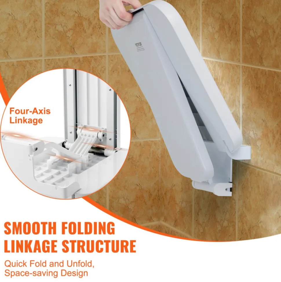 VEVOR Folding ABS Shower Seat, 15.7'' x 16.7'' Unfolded, Wall Mounted Fold Up Shower Bench with 440 lbs Load Capacity, Space Saving Fold Down Shower Chair for Seniors Pregnant Women Children Adults