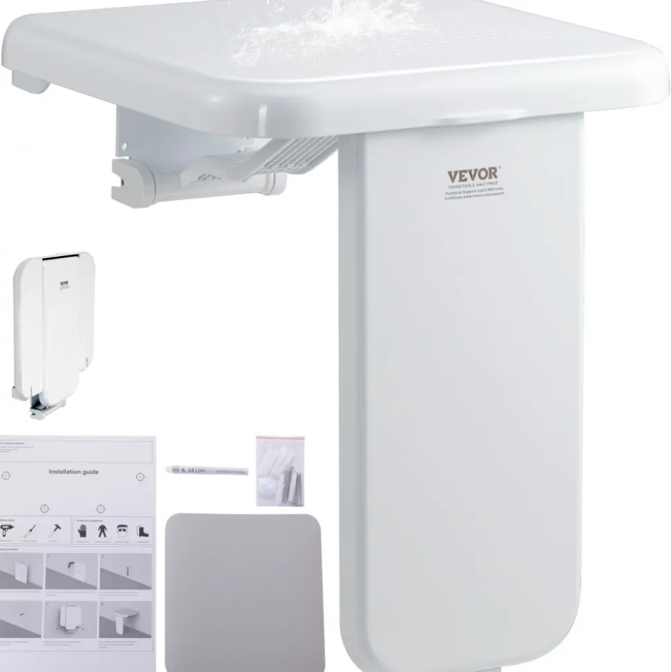 VEVOR Folding ABS Shower Seat, 15.7'' x 16.7'' Unfolded, Wall Mounted Fold Up Shower Bench with 440 lbs Load Capacity, Space Saving Fold Down Shower Chair for Seniors Pregnant Women Children Adults