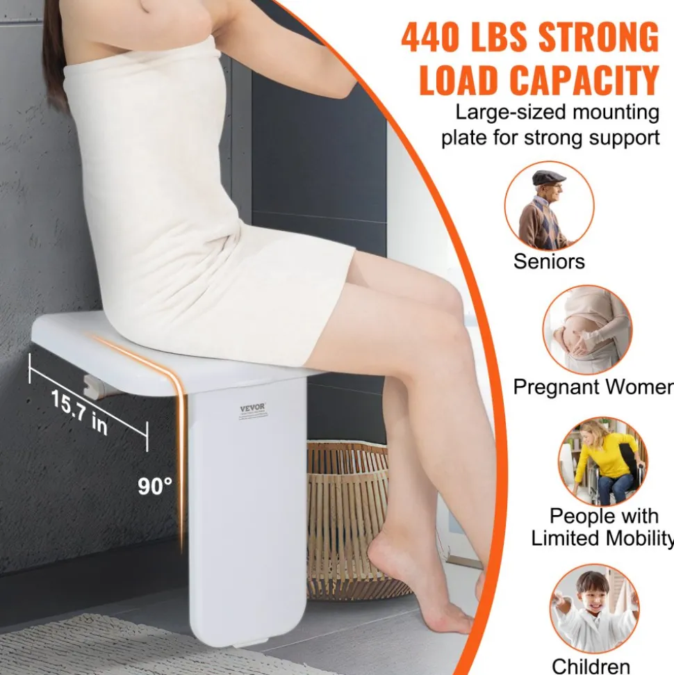 VEVOR Folding ABS Shower Seat, 15.7'' x 16.7'' Unfolded, Wall Mounted Fold Up Shower Bench with 440 lbs Load Capacity, Space Saving Fold Down Shower Chair for Seniors Pregnant Women Children Adults