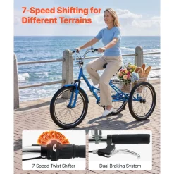 VEVOR Folding Adult Tricycle 24 inch 7 Speed Foldable Trikes for Adult, 3 Wheel Cruiser Bike w/ Cargo Basket, Adjustable Seat, Double-Wall Wheel Rims, Shopping Picnic Tricycles for Women, Men, Senior