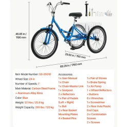 VEVOR Folding Adult Tricycle 24 inch 7 Speed Foldable Trikes for Adult, 3 Wheel Cruiser Bike w/ Cargo Basket, Adjustable Seat, Double-Wall Wheel Rims, Shopping Picnic Tricycles for Women, Men, Senior