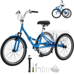 VEVOR Folding Adult Tricycle 24 inch 7 Speed Foldable Trikes for Adult, 3 Wheel Cruiser Bike w/ Cargo Basket, Adjustable Seat, Double-Wall Wheel Rims, Shopping Picnic Tricycles for Women, Men, Senior