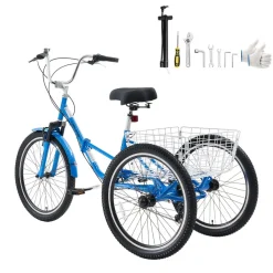 VEVOR Folding Adult Tricycle 24 inch 7 Speed Foldable Trikes for Adult, 3 Wheel Cruiser Bike w/ Cargo Basket, Adjustable Seat, Double-Wall Wheel Rims, Shopping Picnic Tricycles for Women, Men, Senior