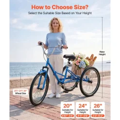 VEVOR Folding Adult Tricycle 24 inch 7 Speed Foldable Trikes for Adult, 3 Wheel Cruiser Bike w/ Cargo Basket, Adjustable Seat, Double-Wall Wheel Rims, Shopping Picnic Tricycles for Women, Men, Senior