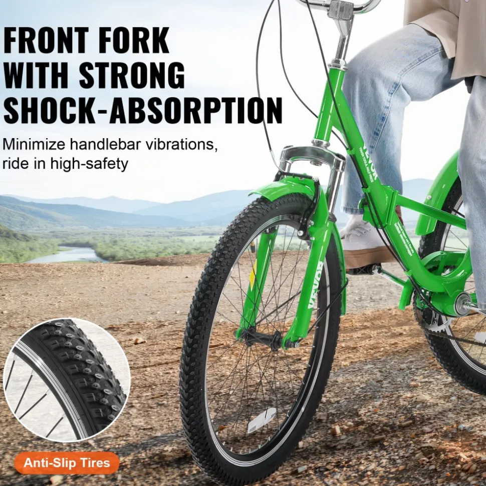 VEVOR Folding Adult Tricycle, 24-Inch 7-Speed Adult Folding Trikes, Carbon Steel 3 Wheel Cruiser Bike with Basket & Adjustable Seat, Shopping Picnic Foldable Tricycles for Women, Men, Seniors (Green)