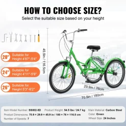 VEVOR Folding Adult Tricycle, 24-Inch 7-Speed Adult Folding Trikes, Carbon Steel 3 Wheel Cruiser Bike with Basket & Adjustable Seat, Shopping Picnic Foldable Tricycles for Women, Men, Seniors (Green)