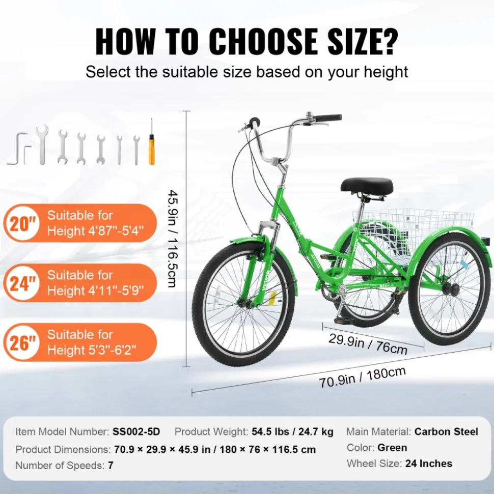 VEVOR Folding Adult Tricycle, 24-Inch 7-Speed Adult Folding Trikes, Carbon Steel 3 Wheel Cruiser Bike with Basket & Adjustable Seat, Shopping Picnic Foldable Tricycles for Women, Men, Seniors (Green)