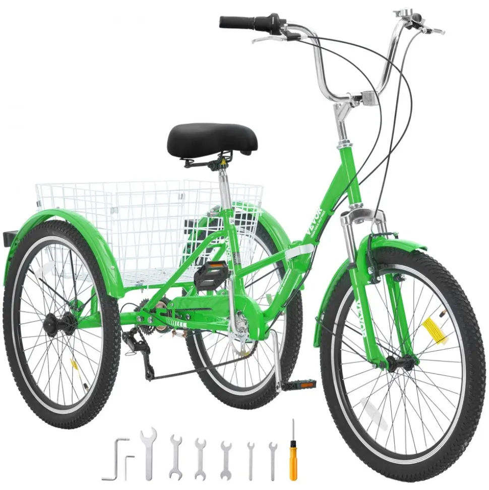 VEVOR Folding Adult Tricycle, 24-Inch 7-Speed Adult Folding Trikes, Carbon Steel 3 Wheel Cruiser Bike with Basket & Adjustable Seat, Shopping Picnic Foldable Tricycles for Women, Men, Seniors (Green)