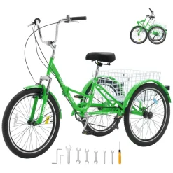 VEVOR Folding Adult Tricycle, 24-Inch 7-Speed Adult Folding Trikes, Carbon Steel 3 Wheel Cruiser Bike with Basket & Adjustable Seat, Shopping Picnic Foldable Tricycles for Women, Men, Seniors (Green)