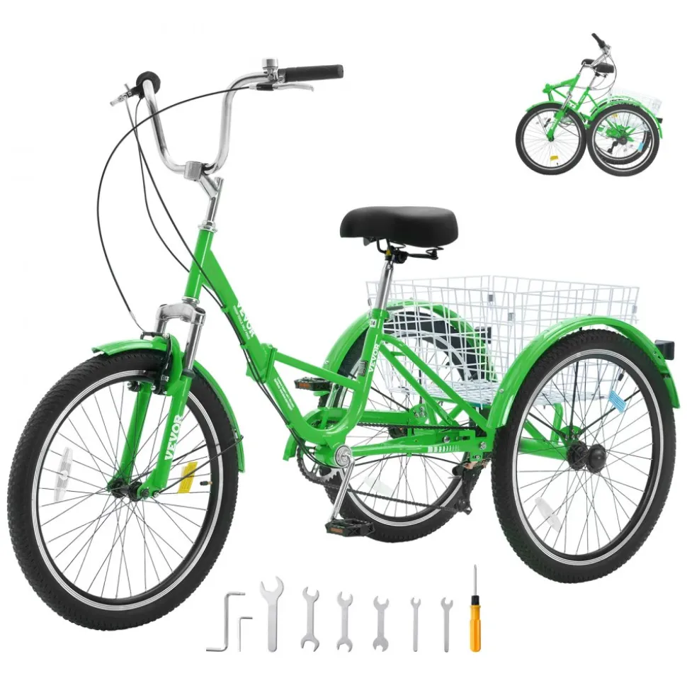 VEVOR Folding Adult Tricycle, 24-Inch 7-Speed Adult Folding Trikes, Carbon Steel 3 Wheel Cruiser Bike with Basket & Adjustable Seat, Shopping Picnic Foldable Tricycles for Women, Men, Seniors (Green)