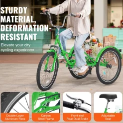 VEVOR Folding Adult Tricycle, 24-Inch 7-Speed Adult Folding Trikes, Carbon Steel 3 Wheel Cruiser Bike with Basket & Adjustable Seat, Shopping Picnic Foldable Tricycles for Women, Men, Seniors (Green)
